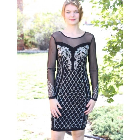 Vocal Dresses & Skirts - Vocal Black Sheer Rhinestone Embellished Dress Long Sleeve Glam Rock Style Mediu